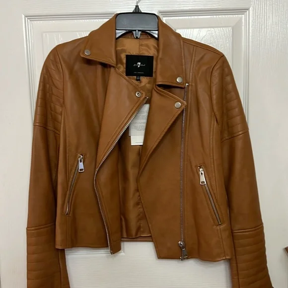 NWT 7 For All Mankind Faux Brown Leather Jacket Size XS! - Picture 1 of 6